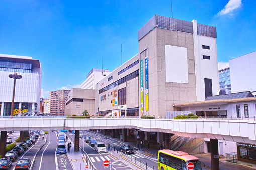 Takasaki, Japan-July 22, 2021: A view of the west exit of Takasaki Station in Takasaki City, Gunma Prefecture. At the west exit, there is a station building and a commercial facility building. This station also has stations on the Hokuriku Shinkansen and Joetsu Shinkansen.