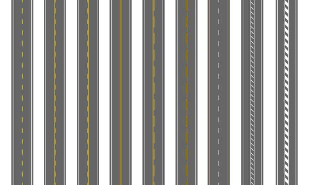 illustrations, cliparts, dessins animés et icônes de routes droites vides vue de dessus. ensemble d’autoroutes avec des marquages différents. modèles de chaussée transparents isolés sur fond blanc. éléments de chaussée de la carte de la ville - road marking illustrations