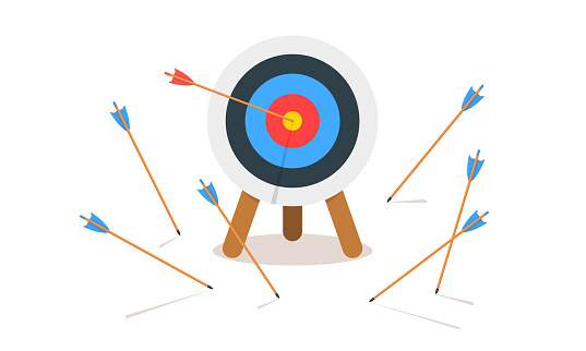 Archery target ring with one hitting and many missed arrows. Dartboard on tripod isolated on white background. Business success and failure symbol. Goal achieving concept. Vector cartoon illustration.