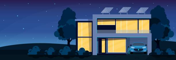 ilustrações de stock, clip art, desenhos animados e ícones de eco friendly, smart house concept. smart home front view at night - solar panels house