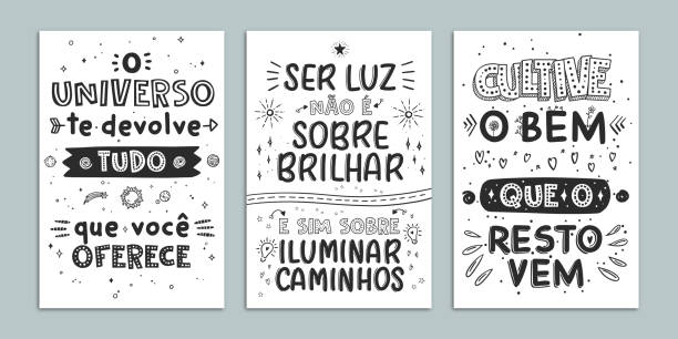 Three motivational Portuguese posters Three motivational Portuguese posters. Happy phrases! Fully editable vector, perfect for posters, lettering, mugs, greeting, paintings, t-shirts, decor etc. short phrase stock illustrations
