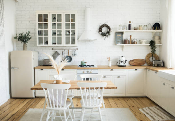 A Cozy Modern kitchen room interior. Scandinavian style, Danish minimalism stock photo