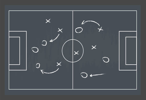 istock Football or soccer game strategy plan isolated on blackboard texture with chalk rubbed background. Sport infographics element 1333300990