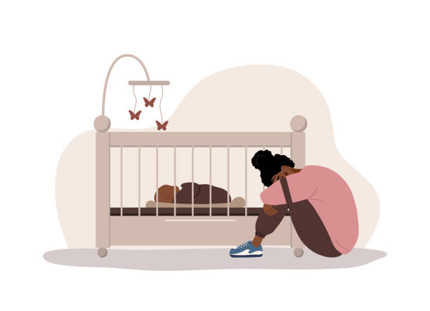 Postpartum depression. African tired woman sitting on the floor, crying and hugging her knees. Young mother needs psychological help. Mood disorder. Vector illustration in flat cartoon style Postpartum depression. African tired woman sitting on the floor, crying and hugging her knees. Young mother needs psychological help. Mood disorder. Vector illustration in flat cartoon style. postpartum depression stock illustrations