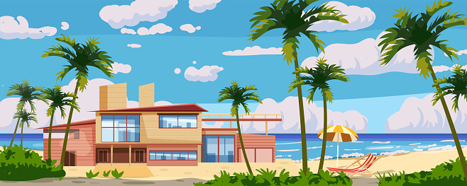 Tropical resort luxury villa for rest, vacation. Modern architecture with exotic palms, sea, ocean, beach coastline. Seaview summer landscape. Vector illustration cartoon style isolated