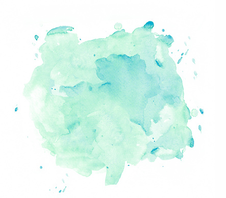 green watercolor spot with splashes hand colored on a white watercolor paper. My own work