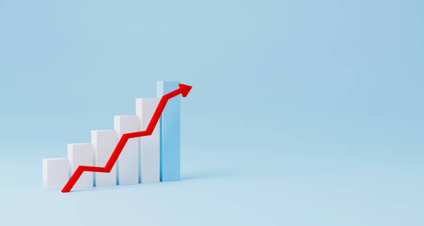 istock Arrow graph sign growth step staircase moving up on light blue background. Business development to success and growing annual revenue growth concept. 3d illustration 1333321951