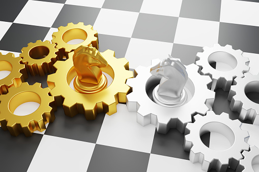 Merger and acquisition business partnership, Join company, Shareholder, Corporate Cooperation. Gear and chess board game 3d illustration
