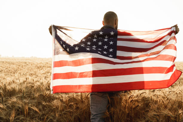 istock Young man holding American flag on back while standing in wheat field 1333322007