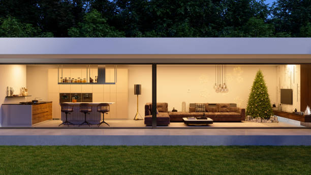 istock Modern Villa Exterior With Christmas Tree, Ornaments, Gift Boxes, Sofa And Open Plan Kitchen 1333322010