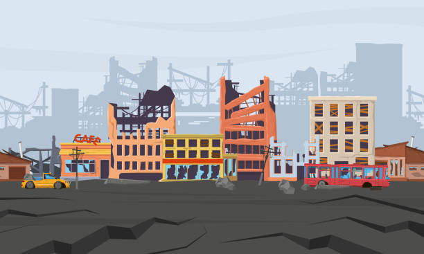 Ruined abandoned broken natural disasters district panorama. Earthquake disaster destroyed houses and city buildings vector illustration. Cataclysm destroyed street view Ruined abandoned broken natural disasters district panorama. Earthquake disaster destroyed houses and city buildings vector illustration. Cataclysm destroyed street view. Neglected property exterior poverty illustrations stock illustrations