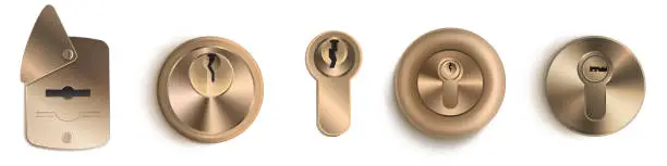 Vector illustration of Gold keyholes 3d templates, Detailed mockup set