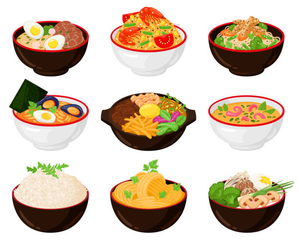 아시아 전통 요리 국수, 냄비, 수프 그릇. 젓가락 벡터 일러스트 세트가 있는 일본 식 소바, 우동, 라면 국수 그릇. 전통 한식, 일식 요리 - noodles stock illustrations
