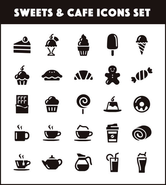 zestaw ikon słodyczy i napojów - vector cup tea cup white background stock illustrations