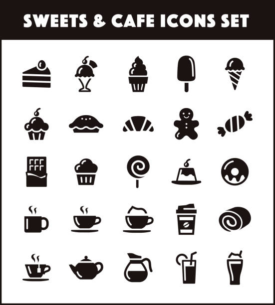 Sweets & drink icons set Sweets & drink icons set (cake, ice cream, ice candy, cup cake, muffin, ginger man cookie, doughnut, coffee, tea, chocolate, chocolate bar, cafe cappuccino, coffee server, tea pot, tea cup, mug cup, coffee cup, roll cake, pie, pudding, candy, ice cream corn) hard candy stock illustrations