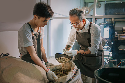 Asian chinese business owner and worker checking on raw coffee bean preparing for roasting process