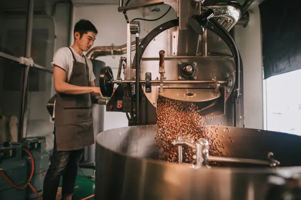 Photo of Asian  craftsperson observing Freshly roasted coffee beans being removed from the roaster into the cooling cylinder with motion blur dropping point