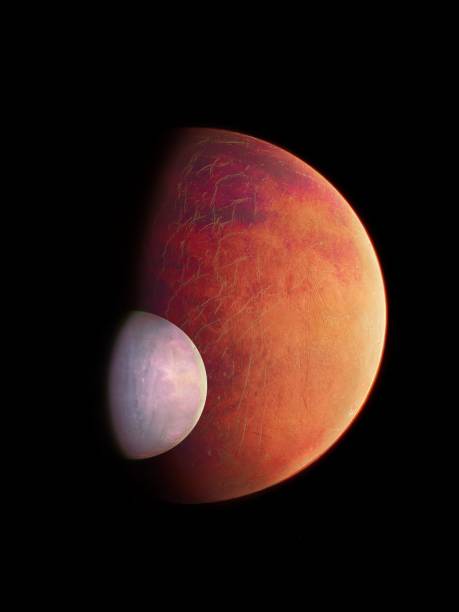 Red planet with satellite. Mars in the distant past had a moon. stock photo