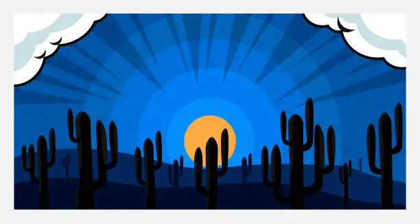 Vector illustration of Comic cartoon style background in blue color with cactus plant, cloud, and moon at night. Suitable for scary, horror, thriller theme.