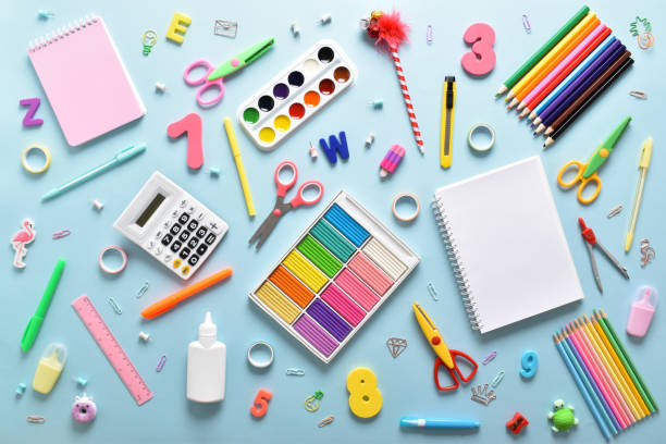istock Stationery background on light blue with a space for text. Back to school. 1333327618