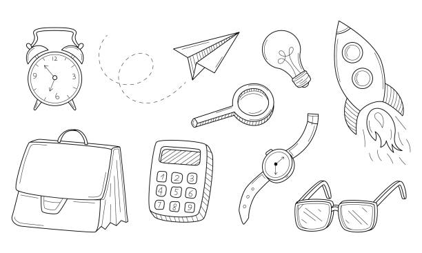 A set of doodle icons. Business, work, startup. Decorative elements drawn with a pen. Black and white outline vector illustration. Isolated on a white background. A set of doodle icons. Business, work, startup. Decorative elements drawn with a pen. Black and white outline vector illustration. Isolated on a white background origami hand stock illustrations