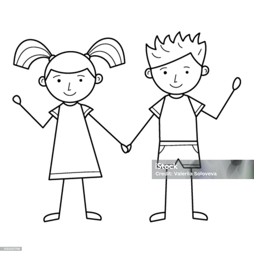 A Boy And A Girl Hold Hands Cute Characters A Linear Drawing By Hand Black  And White Simple Vector Illustration Isolated On A White Backgroundhand  Drawn Stock Illustration - Download Image Now -