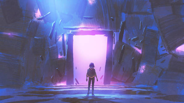 the purple gate to another side A kid standing in front of the glowing purple entrance to go to another place, digital art style, illustration painting fantasy stock illustrations