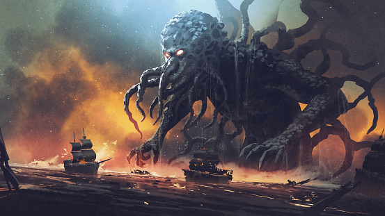 Dark fantasy scene showing Cthulhu the giant sea monster destroying ships, digital art style, illustration painting