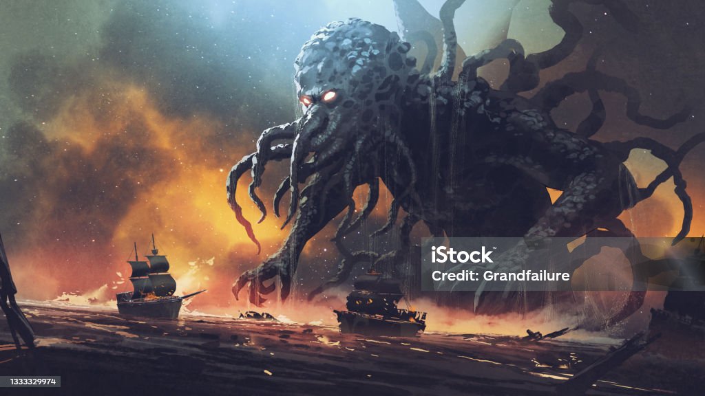 The legendary destroyer of the ocean Dark fantasy scene showing Cthulhu the giant sea monster destroying ships, digital art style, illustration painting Octopus stock illustration