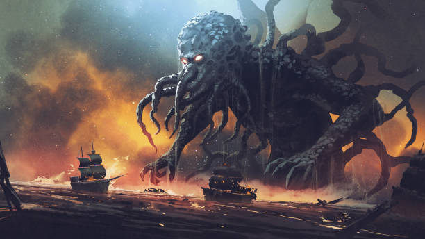The legendary destroyer of the ocean Dark fantasy scene showing Cthulhu the giant sea monster destroying ships, digital art style, illustration painting water animal octopus sea stock illustrations