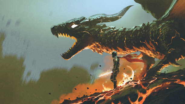 illustrations, cliparts, dessins animés et icônes de le chevalier avec le dragon de feu - fire illustration and painting dragon art