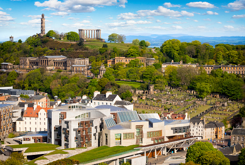 View of the parliament and the Calton Hill, Edinburgh, Scotland, UK