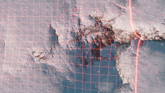 Visualization of a satellite scan of a mountain range. A red scanning line passes through the rocky terrain, mountains and peaks, the satellite analyzes the surface and uses artificial intelligence to make a three-dimensional map of the area.