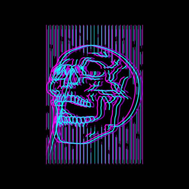 ilustraciones, imágenes clip art, dibujos animados e iconos de stock de neon colored cyberpunk skull screaming t-shirt design vector illustration - cráneo