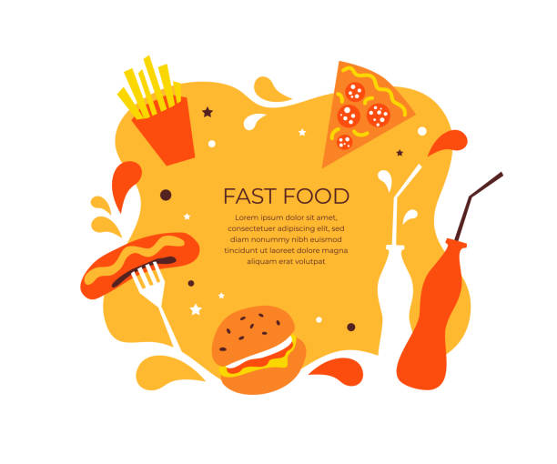 Fast food meal illustration template with text and set of vector burger, pizza, french fries and drink Fast food meal template, vector icons and text. Hot dog sausages, cheese burger, pizza pepperoni, french fries, bottles drink. Banner for street food festival, menu, poster, ad. Fastfood illustration street food stock illustrations