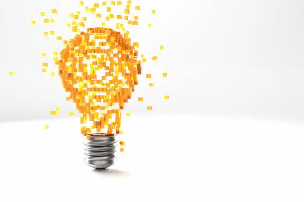 Light bulb emitting glowing cubes on white background, CGI.