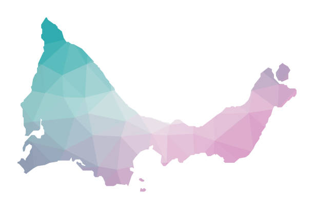 Polygonal map of Providenciales. Polygonal map of Providenciales. Geometric illustration of the island in emerald amethyst colors. Providenciales map in low poly style. Technology, internet, network concept. Vector illustration. providenciales stock illustrations