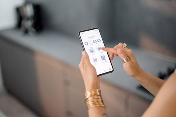 istock Controlling smart devices with phone on the kitchen 1333338784
