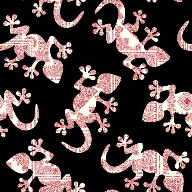 Seamless pattern using bandana material and lizard silhouette, Bandana material and lizard silhouette pattern, all over pattern stock illustrations