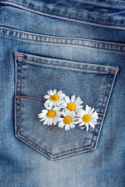 istock Composition with daisies on a blue background for a card or decor. Seven daisies on a denim 1333342419
