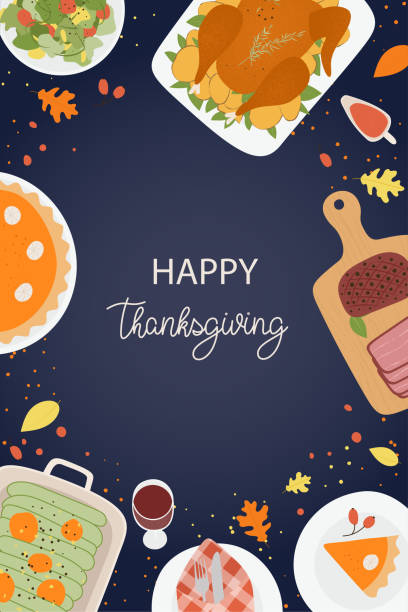 happy thanksgiving day poster mit niedlichem thanksgivings symbol. abendessen top-ansicht. - thanksgiving dinner plate food stock-grafiken, -clipart, -cartoons und -symbole