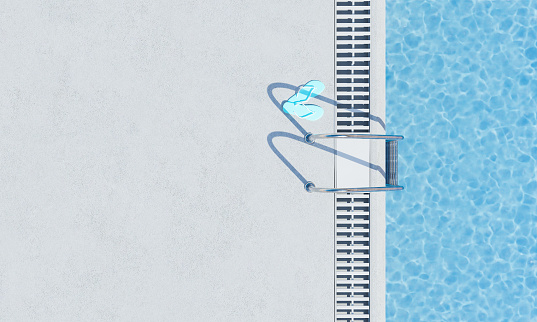 top view of a swimming pool with stairs and flip flops next to them. summer vacation and relaxation concept. 3d rendering