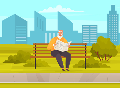 Old man with glasses sitting and reading newspaper on bench in park. Retiree elderly male character spends time in nursing home. Grandfather resting, reading news enjoying good day in city garden