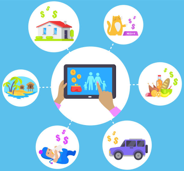 istock Family mind map. Accommodation, transport, food, pets, rest icons. Man with tablet pays for service 1333344330