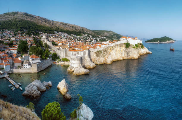 wide panoramic view over old dubrovnik cityscape at the blue coast aerial panoramic view over old dubrovnik cityscape at the blue coast of adriatic sea fort minceta dubrovnik stock pictures, royalty-free photos & images
