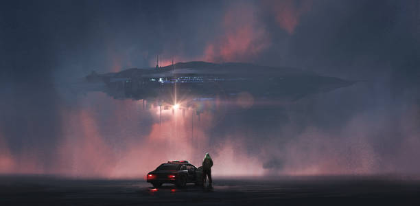 istock Alien spaceship looming in the clouds, 3D illustration. 1333346240