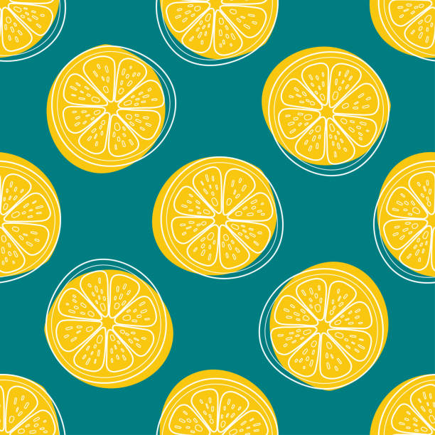 귀여운 벡터 레몬 원활한 패턴. 평평한 여름 신선한 과일 원 슬라이스, 녹색 배경에 레몬 슬라이스 인쇄. 바탕 화면, 직물, 랩, 열대 직물 디자인에 대한 레모네이드 반복 텍스처 - citrus fruit stock illustrations