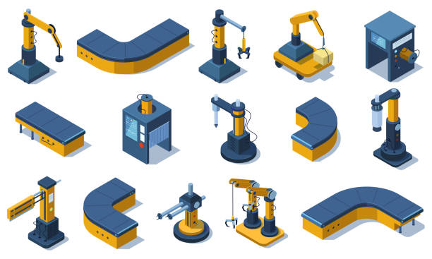 ilustraciones, imágenes clip art, dibujos animados e iconos de stock de tecnologías isométricas de la industria de brazos robóticos y máquinas de fábrica. robots automatizados industriales, conjunto de ilustraciones vectoriales de líneas transportadoras de producción. máquinas automatizadas de fábrica - herramientas de fabricación