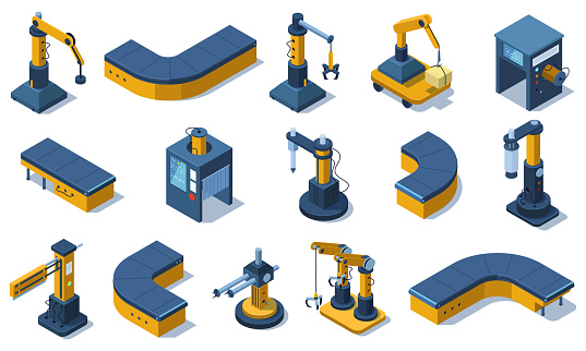 Isometric industry technologies robot arms and factory machines. Industrial automated robots, production conveyor lines vector illustration set. Factory automated machines, manufacturing line