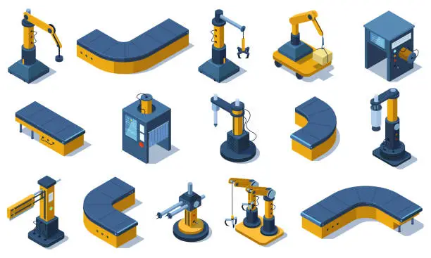 Vector illustration of Isometric industry technologies robot arms and factory machines. Industrial automated robots, production conveyor lines vector illustration set. Factory automated machines